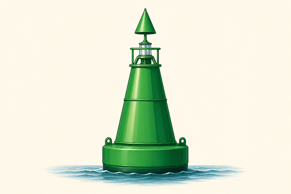 Illustration of a green conical starboard-hand lateral mark